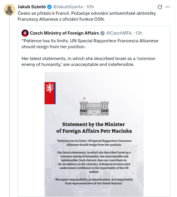 1. nazvu Albanese "antisemitskou aktivistkou"  
2. připojím text, kde Macinka odsuzuje Albanese za to, že řekla, že "Izrael je společný nepřítel lidstva" 
3. nezmíním, že je to LEŽ, tohle vůbec neřekla 
4. nazvu to "informováním o kroku MZV ČR"  

Někdy je těžký podporovat ČT