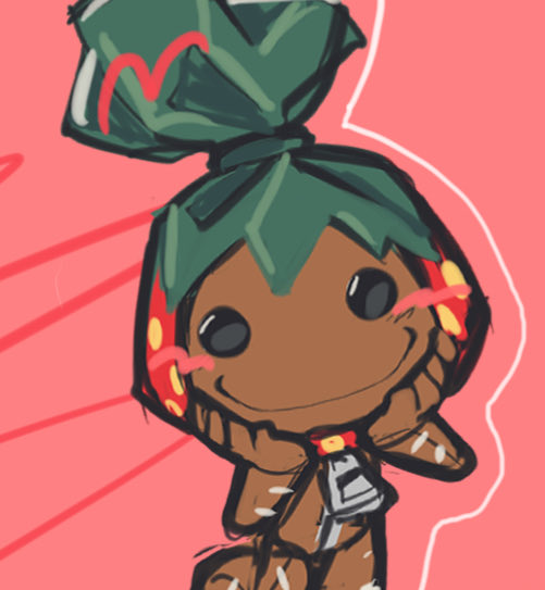 Sackboy strawberry bon bon 
(Strawberry foil wrapped old people candies)