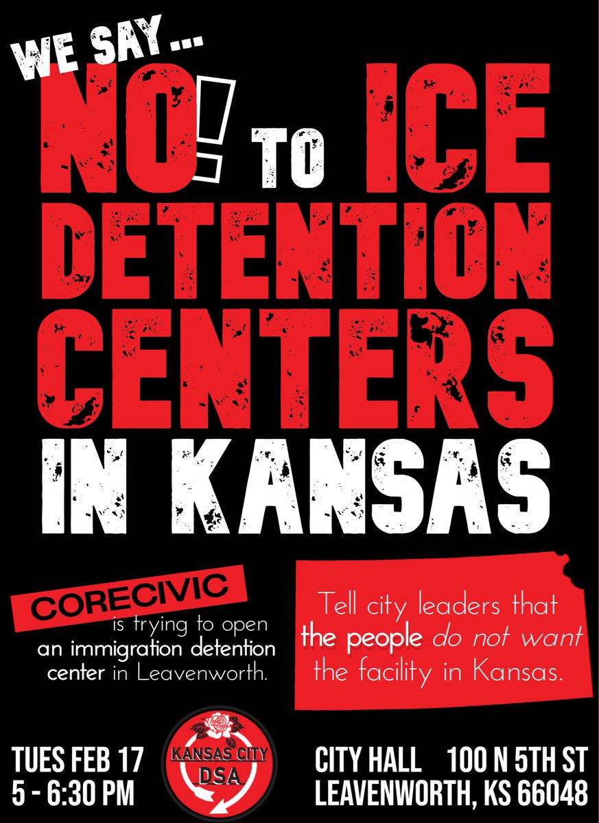 kansascitydsa's tweet photo. CoreCivic hurts everyone inside and outside of their for-profit prisons.
Join us this Tuesday at 5:00PM outside of Leavenworth City Hall and show solidarity with the Leavenworth community to say NO to CoreCivic’s detention camp.
#StopCoreCivic #NoMoreCamps https://t.co/l0zxALnoN5