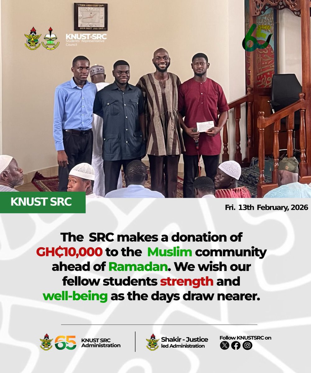 The 65th SRC Leadership led by H.E Shakir Waiz  and Justice Atuahene donated GHS 10,000 to support the KNUST Muslim Community ahead of Ramadan. 
They prayed and  wished the community a Blessed Ramadan.
#KnustDiaries