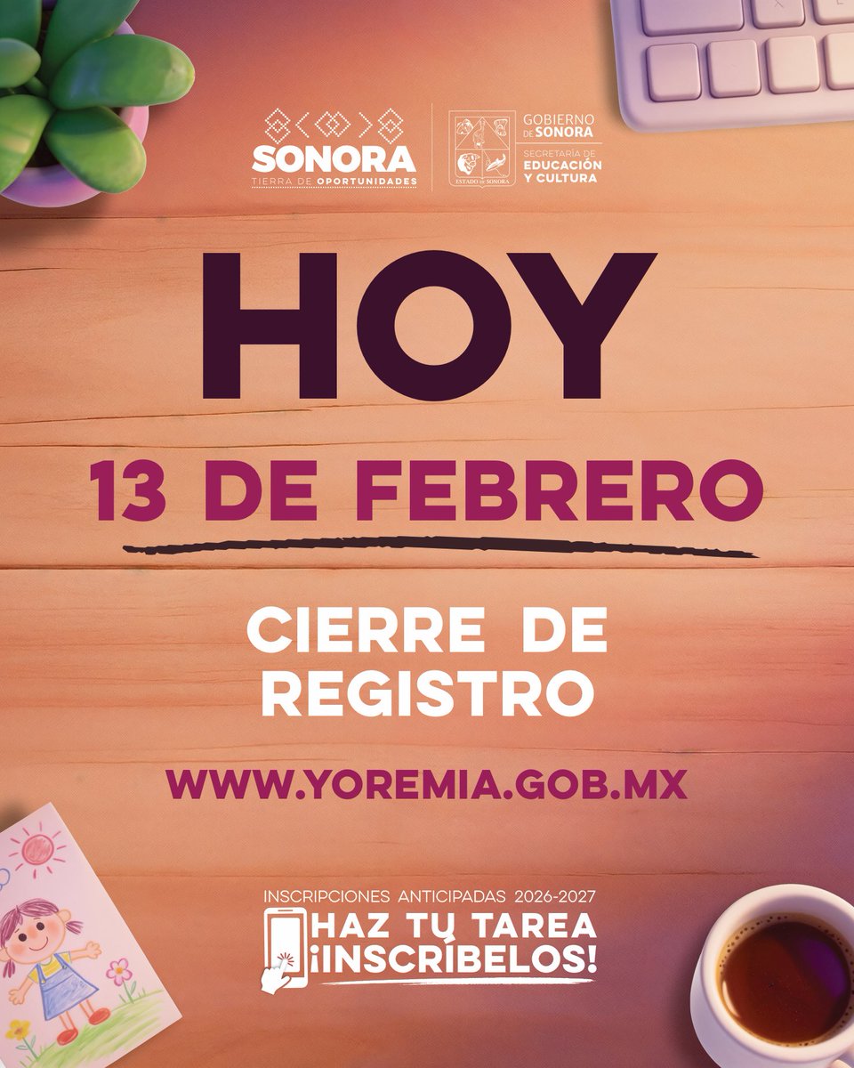 🟠 ¡Último día!

⏰ Hoy 13 de febrero cierra el registro de #InscripcionesAnticipadas.

Realiza el trámite en 🌐 yoremia.gob.mx.