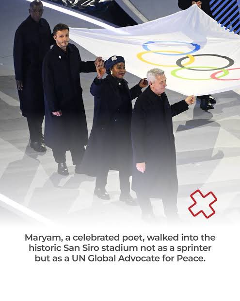 BREAKING NEWS: Nigerian 🇳🇬 poet and United Nations 🇺🇳 Global Advocate for Peace, Maryam Bukar Hassan, has made history as the first Nigerian to carry the Olympic flag at the opening ceremony of the Milano Cortina 2026 Winter Olympic Games