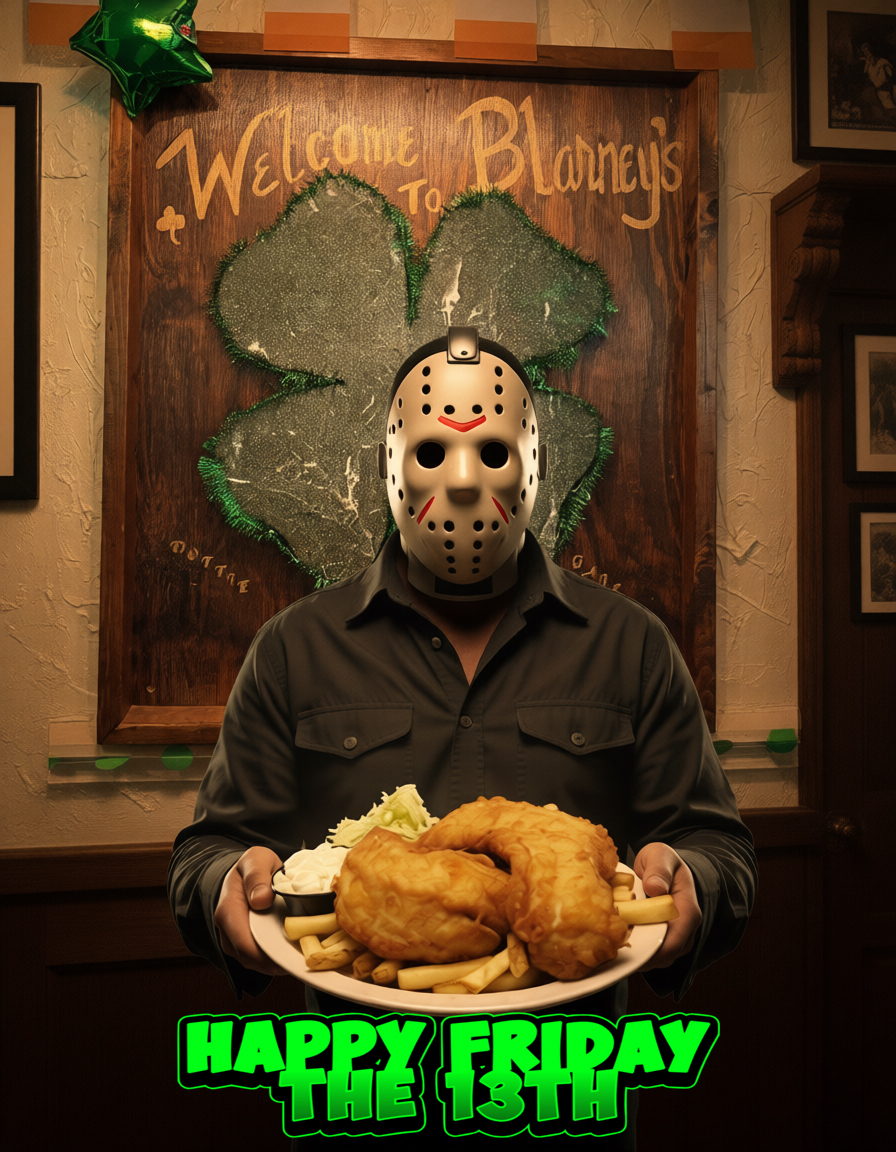 BlarneyStonePub's tweet photo. Happy Friday the 13th!!
Jason stopped in for our Famous Fish &amp; Chips. https://t.co/2tBxiuvZ7C
