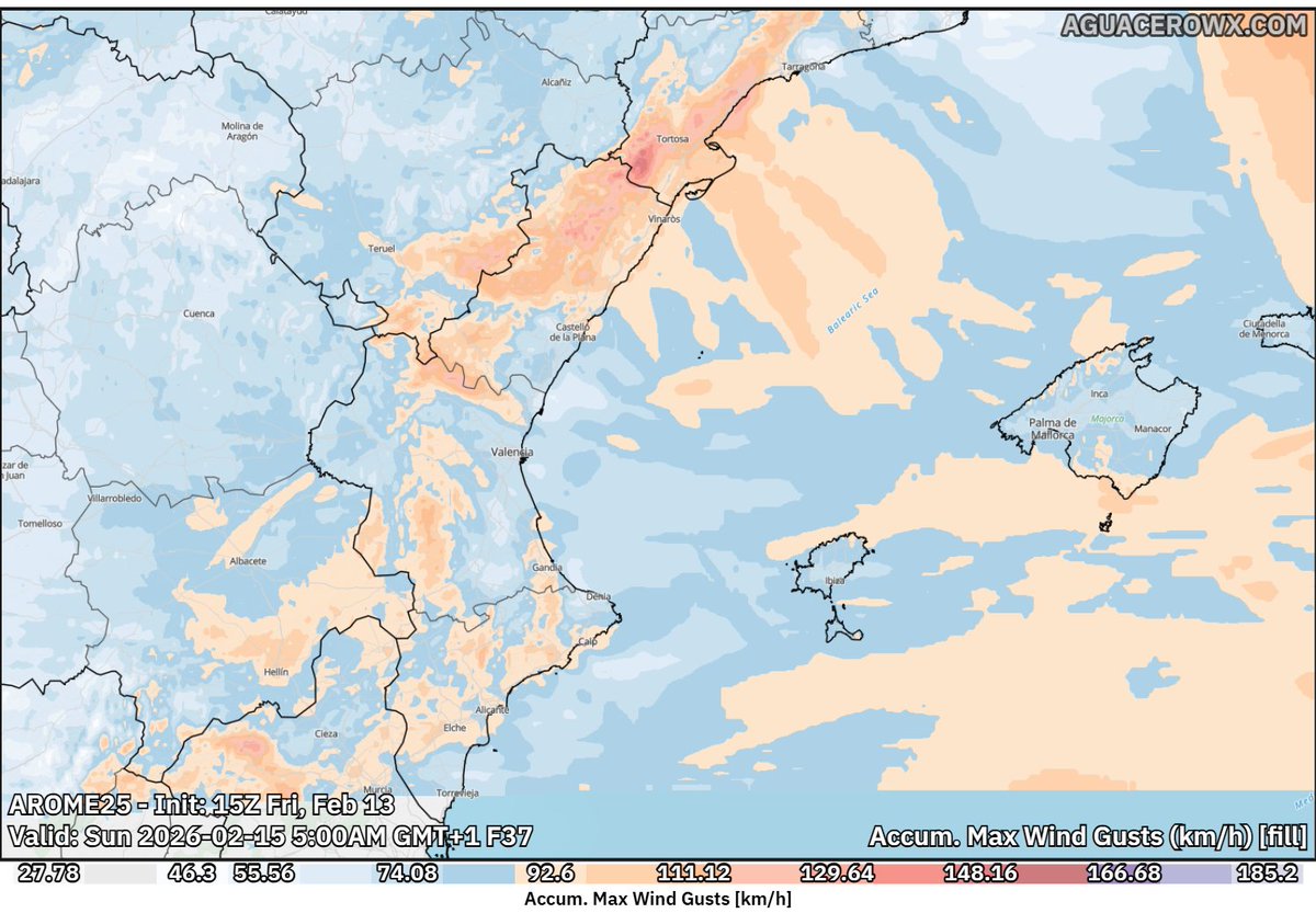 🌬️📊 Rachas máximas previstas para mañana (modelo AROME)

Tras filtrar las rachas ya consideradas peligrosas (>90 km/h), el mapa es claro: se darán en muchos puntos de la Comunitat, pero Castellón destaca con especial intensidad.

Día para extremar precauciones en zonas