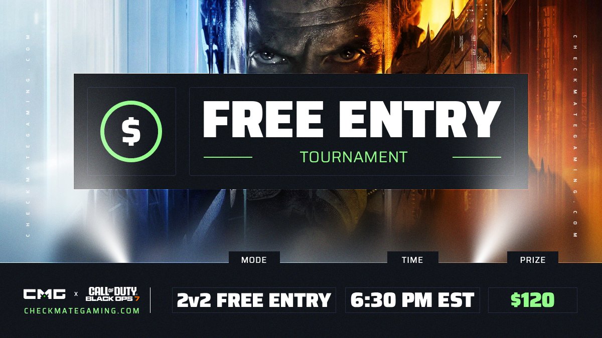 CMG_Esports's tweet photo. 🏆 $120 FREE ENTRY 2v2 NOV AM SND BEST OF 1

💰 $120 GTD PRIZE
⚔️ 2v2 | Search and Destroy | Best of 1
🌎 NA + EU
⏰ 6:30 PM EST

Join Now: https://t.co/g0xdC8aHnQ https://t.co/IFCKt8bUAV