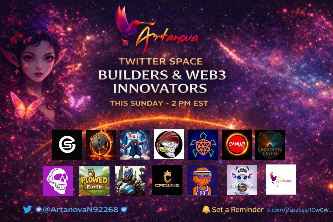 🚀 ARTANOVA TWITTER SPACE  THIS SUNDAY! 🎨🔥

Get ready for an inspiring discussion about ✨ The Future of NFT Art &amp; Creativity
🤝 Strong Partnerships &amp; Community Growth

This is more than just a Space it’s where builders, artists, and visionaries connect to shape what’s next.