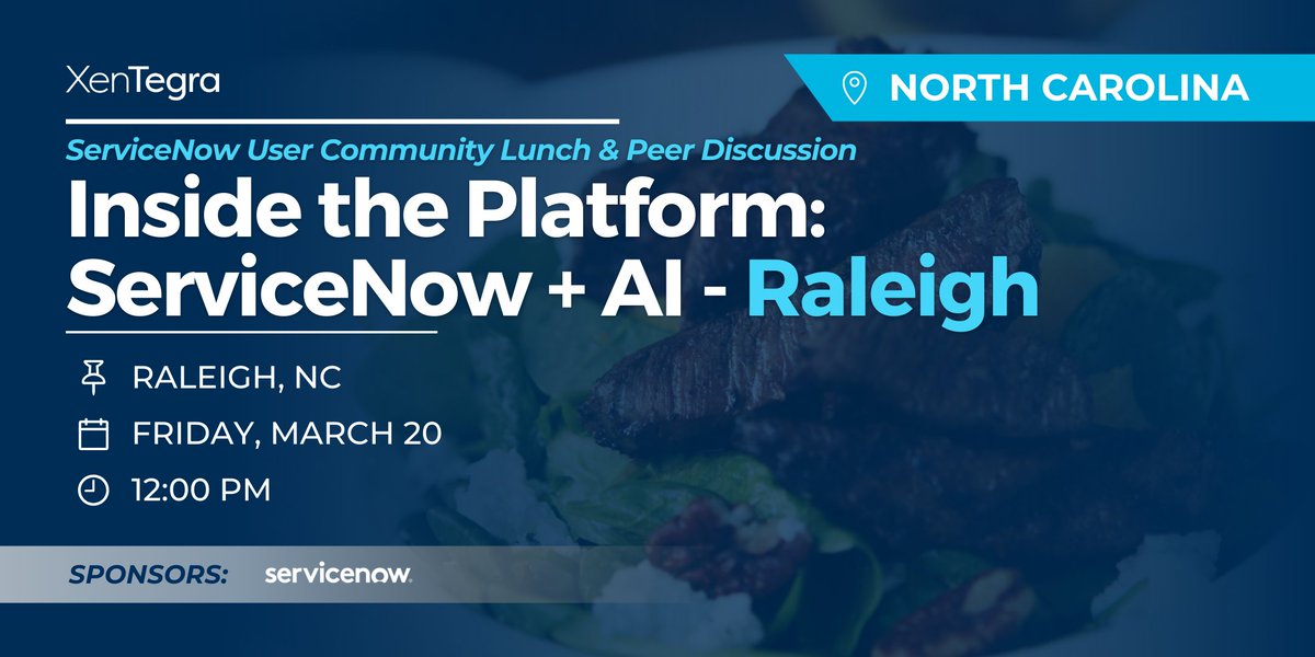 Raleigh IT peers: join XenTegra March 20 for a practical discussion on ServiceNow + AI. Real conversation, peer insight, and lunch included.

Register here: events.xentegra.com/260320-service…

#XenTegraNC