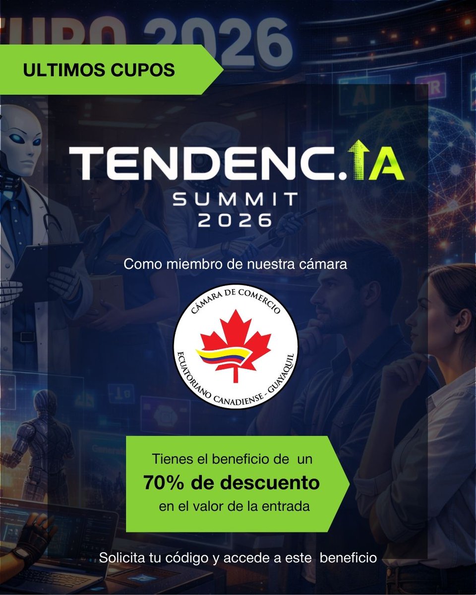 Sea parte de Tendenc.IA 2026 y descubra las claves para tomar mejores decisiones empresariales.

🎟️ Beneficio exclusivo para socios CCECG: 
70% de descuento en su adhesión.

Solicite el código: socios@canadaecuador.org

Regístrese aquí:
mybusinessplus.online/event/tendenc-…

<a href="/Gabriel_Rovayo/">Gabriel Rovayo, PhD</a>