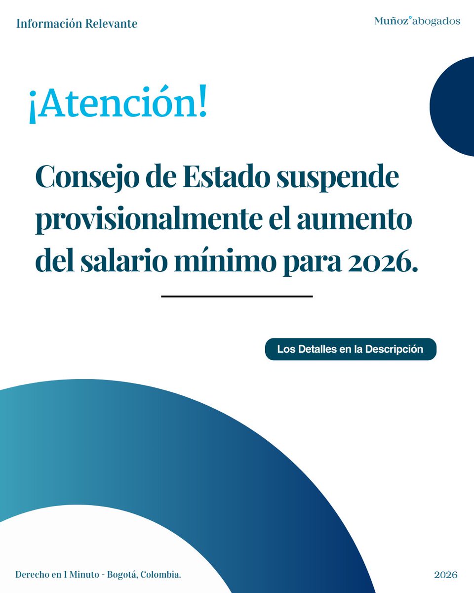 📢 Atención: El Consejo de Estado suspende provisionalmente el decreto que fijó el aumento del salario mínimo 2026 (23,7 %).

El Gobierno deberá emitir un nuevo decreto en 8 días, cumpliendo con los criterios económicos y legales exigidos.