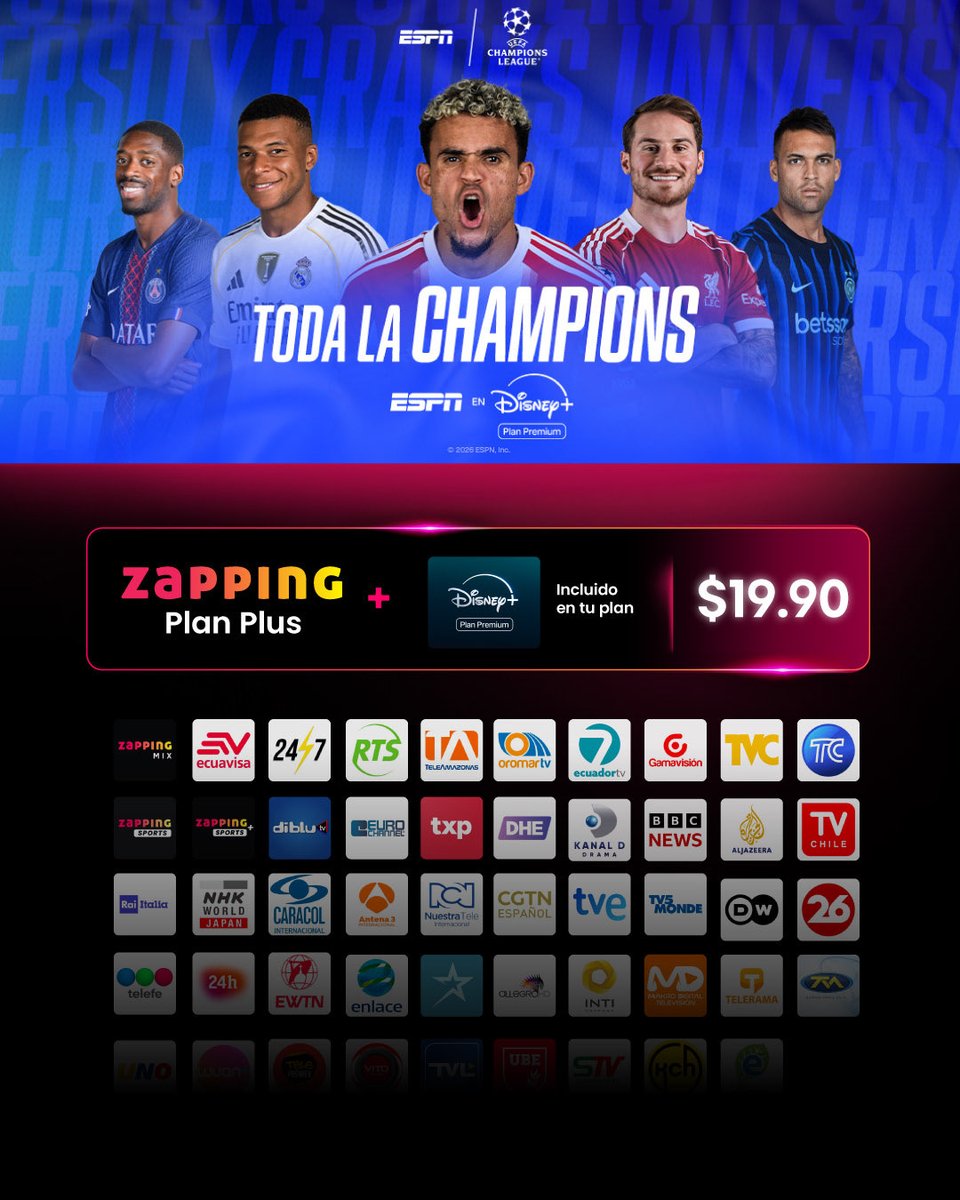 Tío Zapping y Tío Mickey lo hicieron posible 🤝🏼

Luego de muchos llamados, reuniones, correos y mensajes… Estos son los NUEVOS PLANES en donde podrás ver lo mejor de la TV bajo 1 SOLA SUSCRIPCIÓN ⚽️🏀🎾🏐

Si quieres ver la LigaPro, Champions League, Ecuavolley, el tenis, la
