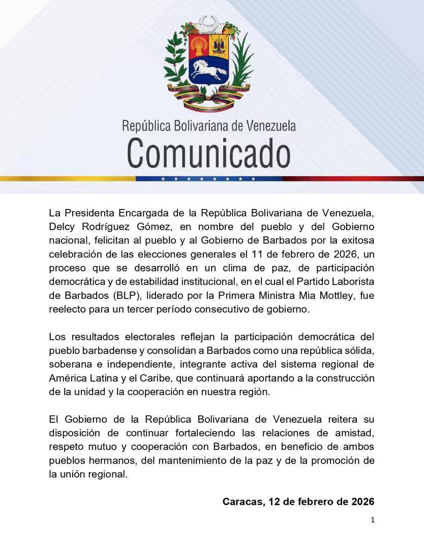 Felicitamos al pueblo de Barbados por la exitosa celebración de sus elecciones generales, y extendemos nuestras congratulaciones a la primera ministra Mia Mottley por la confianza renovada de su pueblo. 

Reafirmamos nuestra voluntad de seguir fortaleciendo la cooperación, la