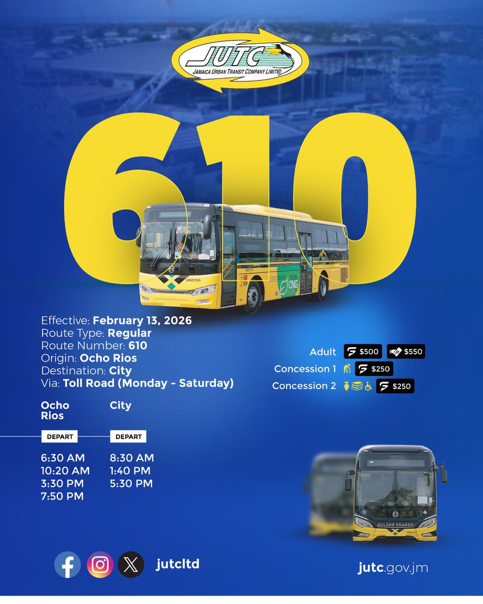 Please be advised of the updates to Route 610, taking effect on February 13, 2026. See the schedule, tap your SmartFare card or pay with cash and ride with ease.

#JUTC #Route610 #SmartFare #PublicTransport