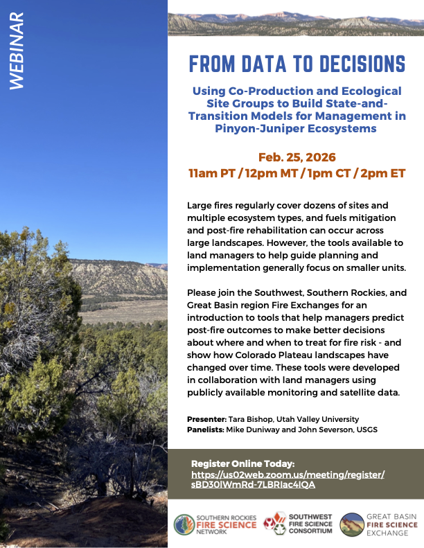 SRfirescience's tweet photo. REGISTER NOW- From Data To Decisions. 
Managing Pinyon-Juniper ecosystems in post-fire environments: Tools and an overview of changes that the Colorado Plateau has experienced.
https://t.co/40eX8gOhI9 https://t.co/OFQHB7k7c0