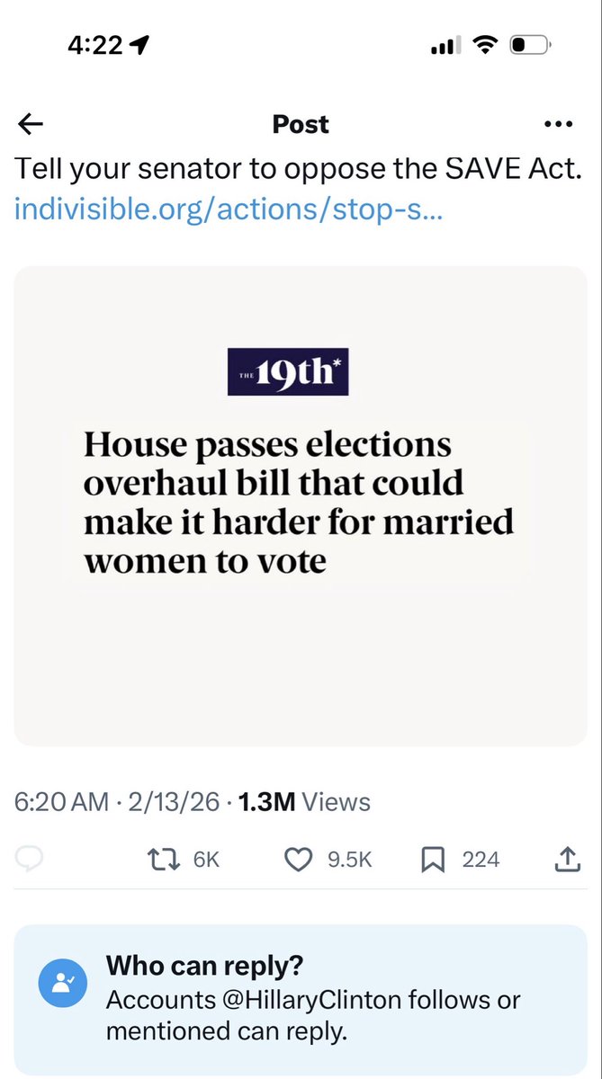 lucidhub's tweet image. Gutless turd. @HillaryClinton locked out comments to oppose the SAVE act. 

@WhiteHouse @PressSec @POTUS @GOP she’s the gift that keeps on giving. Use this to prove @TheDemocrats are incapable and unwilling to participate in debating ideas.