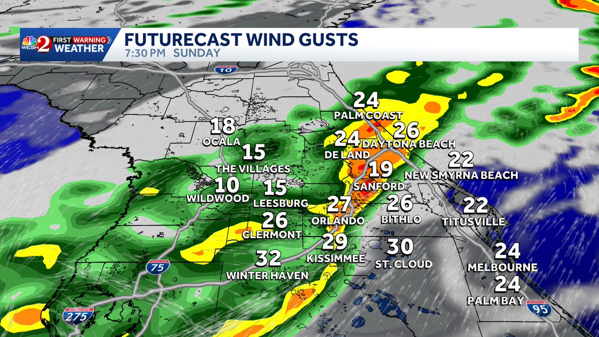 TMainolfiWESH's tweet photo. Our #futurecast model shows a line of storms approaching Sunday night and weakening as it crosses Central #florida. The primary threat will be damaging winds and hail. There is a marginal risk for a severe storm. Rain arrives at the #Speedway around 7-8 pm. #weshwx https://t.co/B8StEVCWqW