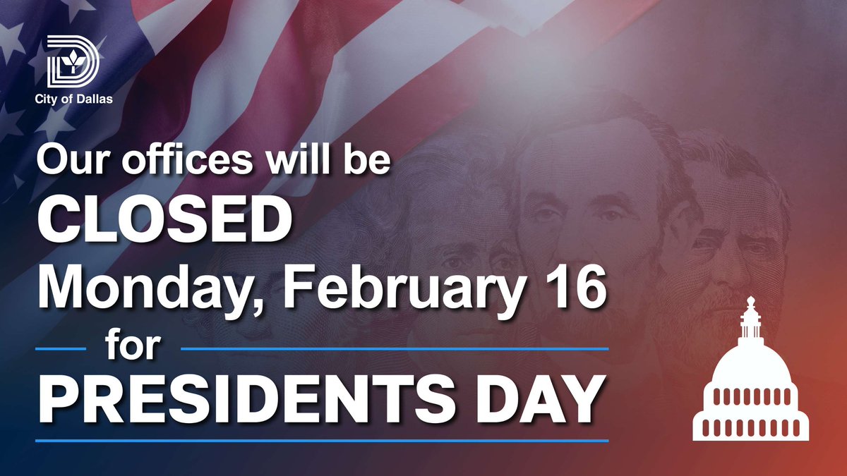 SDCDallas's tweet photo. 🏢Our offices will be closed on Monday, February 16 in observance of Presidents Day. 
🕗 We will re-open at regular hours on Tuesday, February 17. https://t.co/47l5qcdcqO