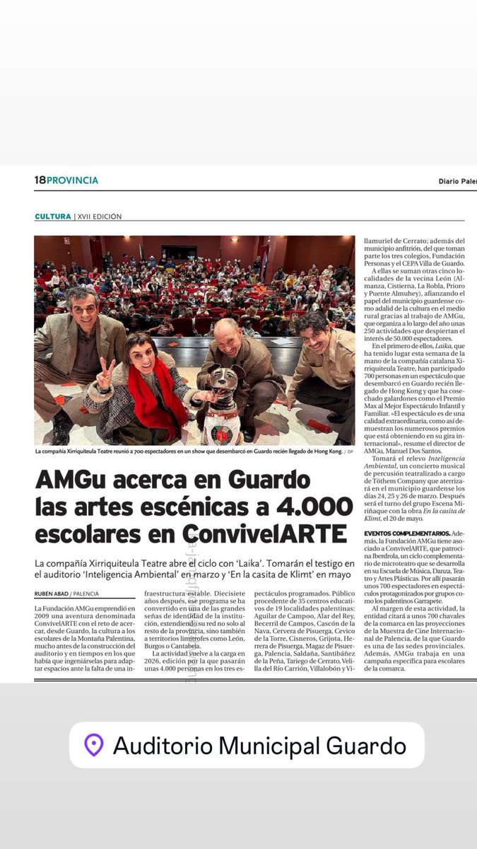 AMGu reúne a 4.000 escolares en ConvivelARTE
#convivelarte #amgu #fundaciónamgu #guardo 

La compañía Xirriquiteula Teatre abre el ciclo con ‘Laika’. Tomarán el testigo en el auditorio ‘Inteligencia Ambiental’ en marzo y ‘En la casita de Klimt’ en mayo.
<a href="/DiarioPalentino/">Diario Palentino. Palencia</a>