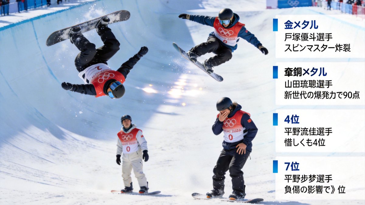 ミラノ五輪――
男子ハーフパイプ決勝、完全に神回だった…！！❄️✨

日本の4人が世界の頂点で激突。
空中戦、ガチで支配してた…震えた…！！

🥇戸塚優斗選手
圧巻の金メダル！！
超大技を完璧に決めて…もはや芸術。美しすぎる…！！🏆

🥉山田琉聖選手
初五輪で90点超え＆メダル獲得って何者！？