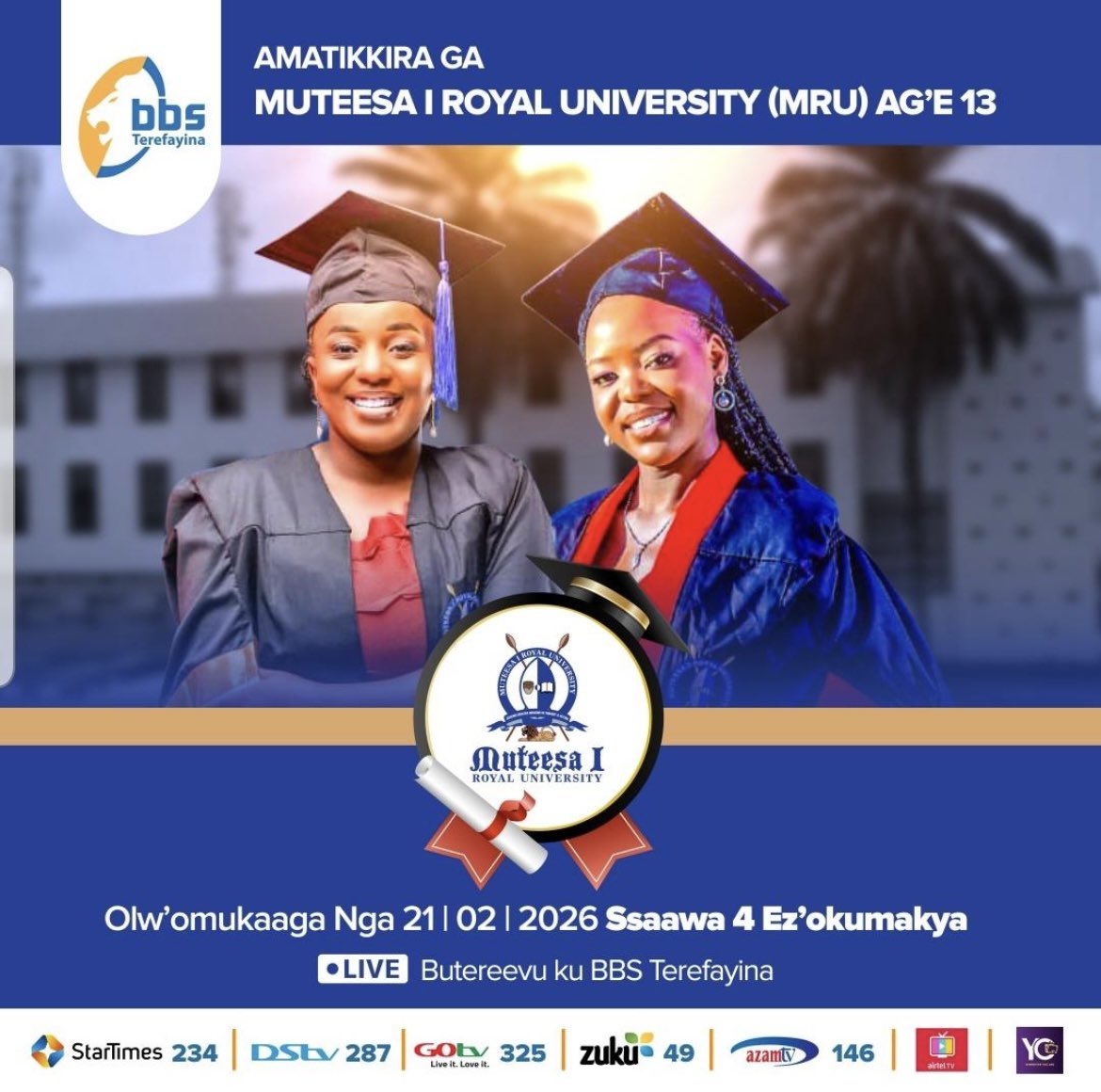 MuteesaIRoyal's tweet photo. COUNTDOWN. 
 Only 7 days left until the 13th Graduation Ceremony 🎓 Catch the live broadcast on @bbstvug. Don't miss it. #13thGraduation #BBS TV #GraduationDay #13thGraduationMRU 
@mru_vice @MNakabug @She___maimz @nbstv @GalaxyFMUg @deltatvtukole @PoliceUg @Educ_SportsUg https://t.co/cO0n5uAAQ9
