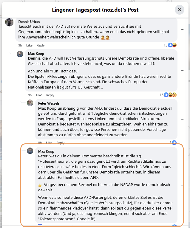 moaxislaven's tweet image. @noz_de Dieser Kommentar hier ist -schon wieder!- von euch ausgeblendet worden.

Erklärt mir jemand, warum? Warum sabotiert ihr den Einsatz für Demokratie und gegen ihre Feinde,  @EwertBurkhard?

Ernsthaft: FFS! WAS SOLL DAS?🤬
facebook.com/lingenertagesp… #NOZ #ANK #AktionNOZkritisch
