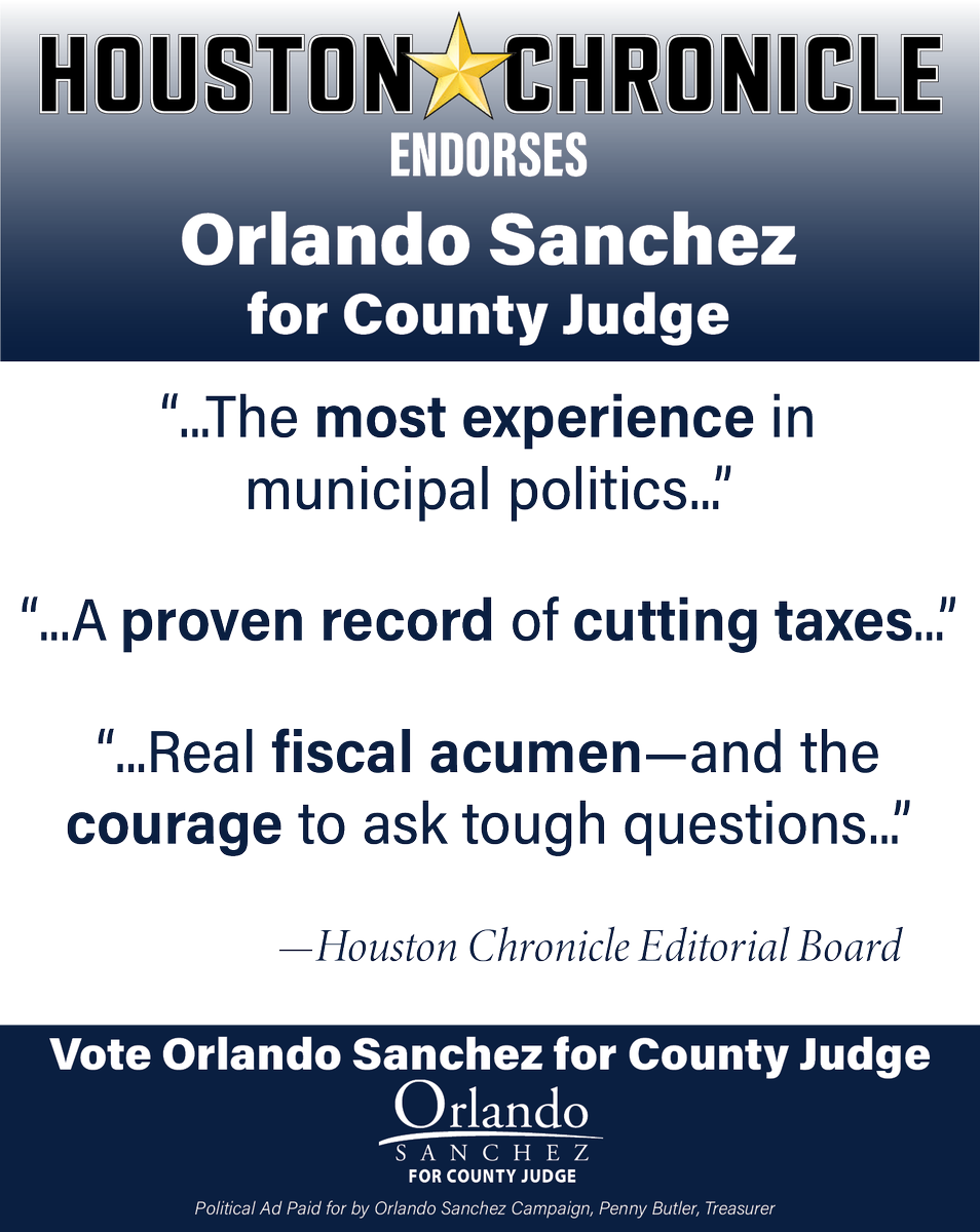 Houston Chronicle endorses Conservative Republican Orlando Sanchez for Harris County Judge.
houstonchronicle.com/opinion/endors…
