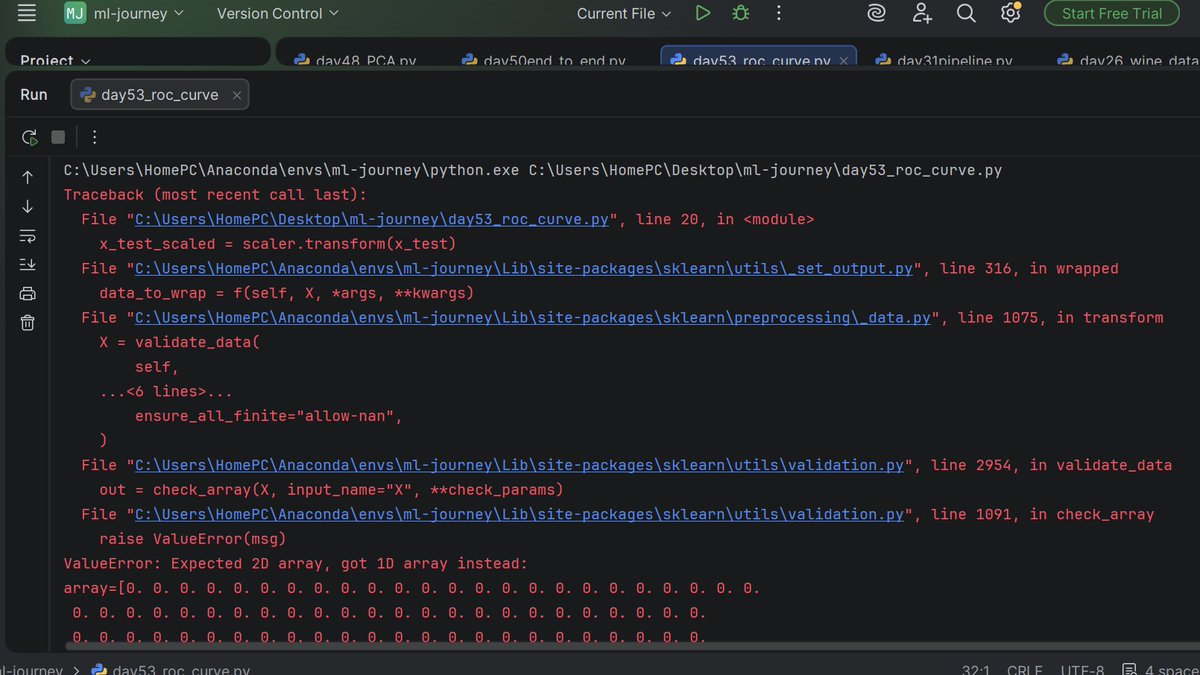 OdubelaTomiwa's tweet photo. Day 53/100 - roc curve
I was trying to debug an error only to find out it was just a wrong placement of the x_train and y_train.🥲 And I've been making use of the train_test_split function everyday.
#machinelearningwithme #LearningInPublic https://t.co/G96rlwA3ls