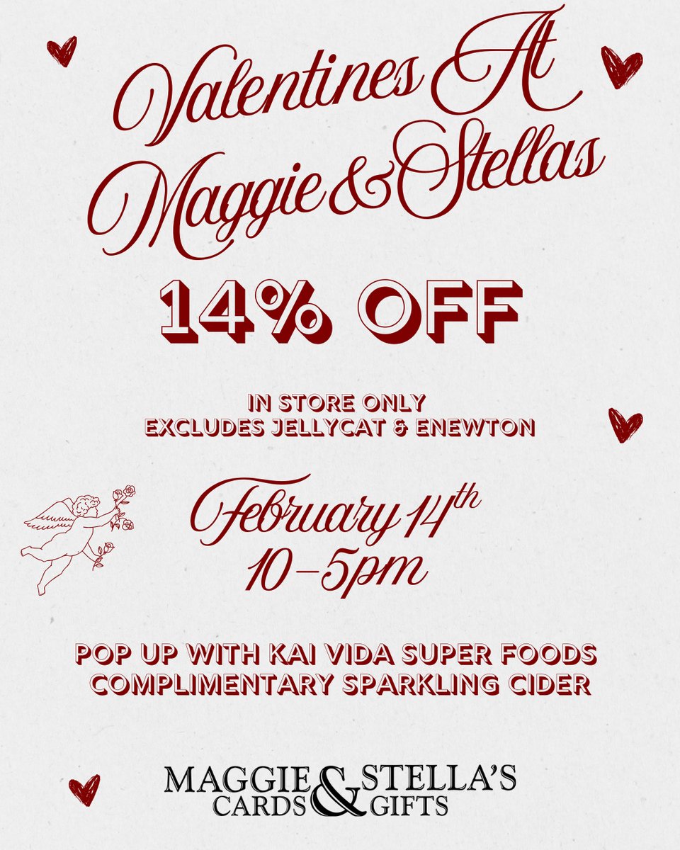 Love is in the air at Maggie &amp; Stella’s. 💘 Celebrate Valentine’s Day with 14% off in-store only on February 14th from 10–5pm! Plus, enjoy a pop-up with Kai Vida Super Foods and complimentary sparkling cider while you shop. #MaggieAndStellas #H2P