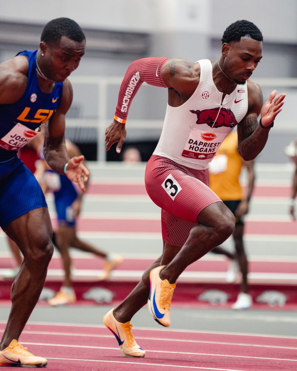 RazorbackTFXC's tweet photo. 2026 Tyson Invitational | Men's Univ. 60m final

1) 6.58 Jamarion Stubbs (Ar) [No. 3 UA]
2) 6.60 Joshua Caleb (LSU)
3) 6.61 Dapriest Hogans (Ar) [PR, No. 6 UA]

Stubbs just off his career best of 6.57, trails Jordan Anthony (6.47) and Kenzo Cotton (6.56) on UA all-time list https://t.co/lprBbeuFFh