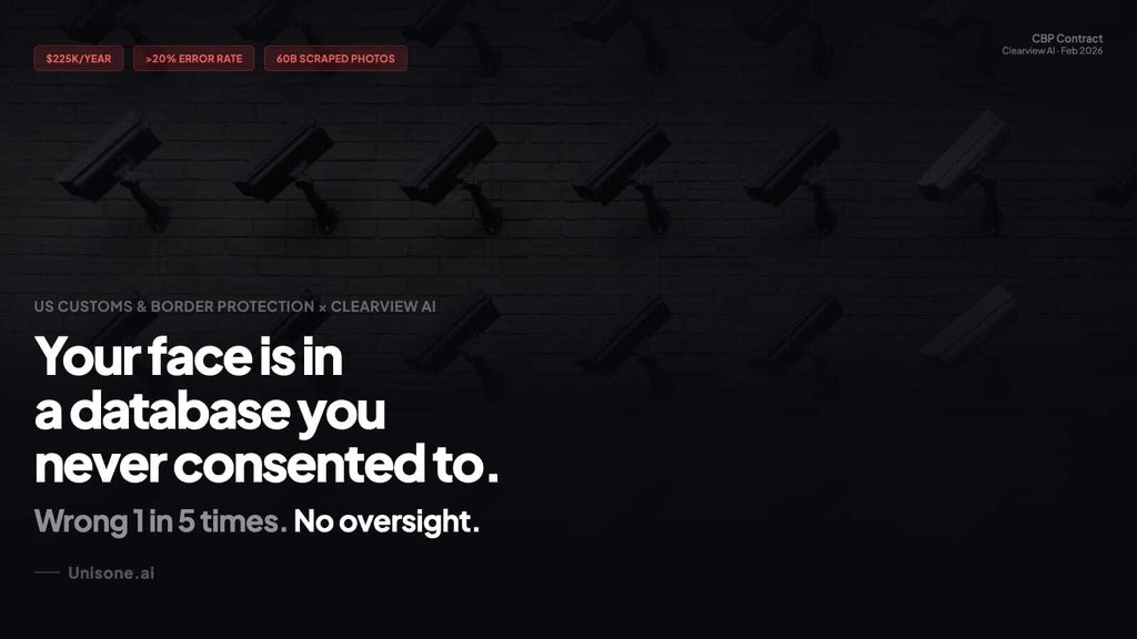 Unisone's tweet image. Customs &amp;amp; Border Protection just signed a $225K/year deal for facial recognition that's wrong more than
20% of the time 🧵