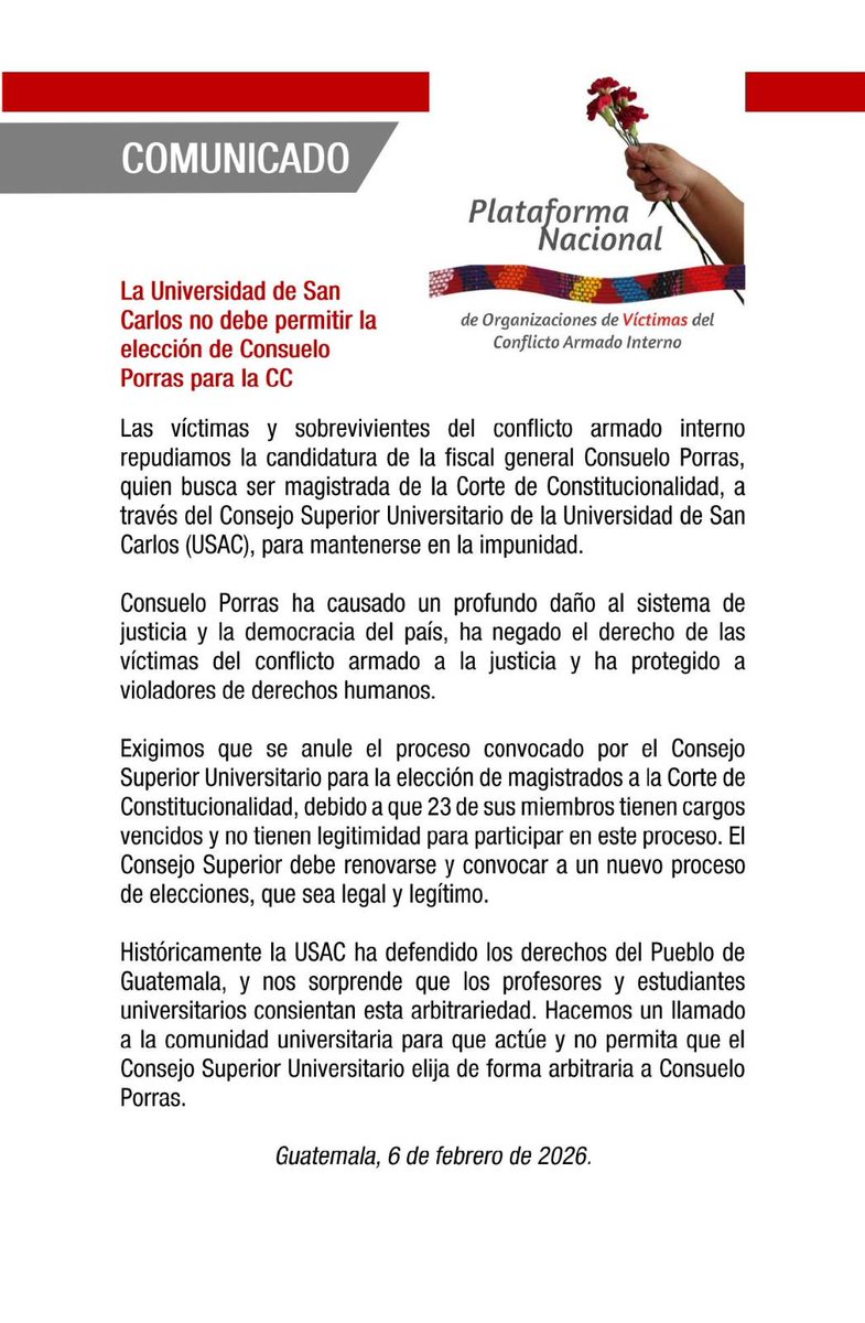 🚨 La Plataforma Nacional de Organizaciones de Víctimas del Conflicto Armado Interno pidió anular el proceso convocado por el Consejo Superior Universitario (USAC) para elegir magistrado a la Corte de Constitucionalidad.

🧵✍🏻<a href="/vengo_delmar/">Andrea Godínez</a>