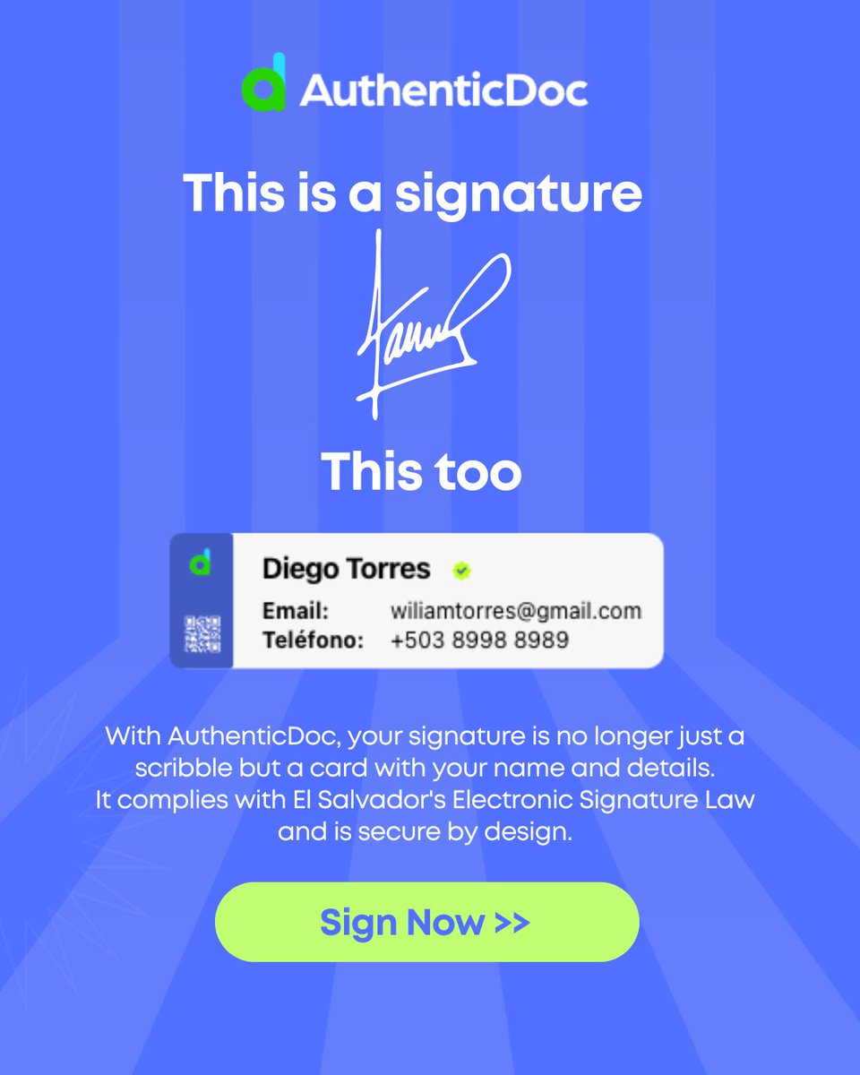 AuthenticDocapp's tweet photo. Your signature is no longer just a scribble.
At AuthenticDoc, your signature is your name and your information, and it fully complies with electronic signature laws.

Sign your first document today >> https://t.co/V9AG0405qV
#ChooseTruth #SecureSignature https://t.co/1XQKjIdaj0