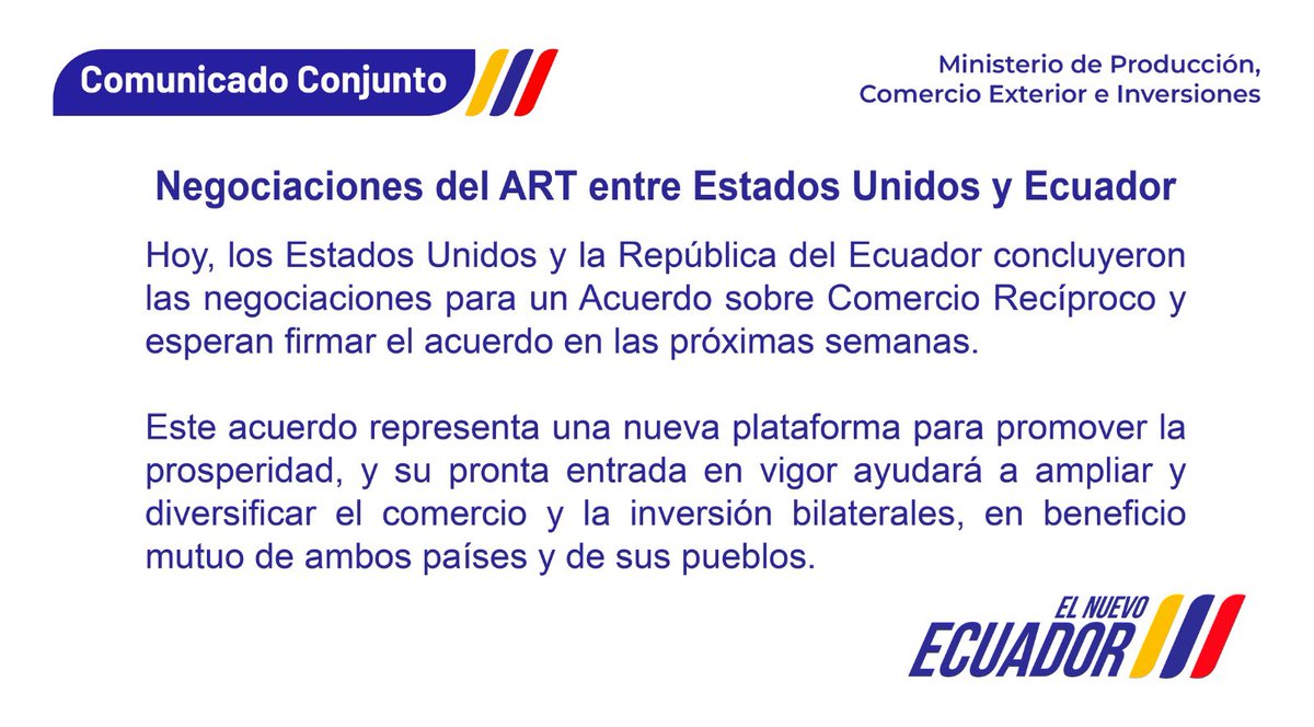 Produccion_Ecu's tweet photo. 📣 COMUNICADO 🇪🇨🇺🇸 | Ecuador y Estados Unidos dan un paso estratégico que fortalece su relación comercial y abre una nueva etapa de oportunidades.

Ambos países anuncian el cierre del Acuerdo Marco Recíproco, que impulsará un comercio más dinámico y diversificado✅. https://t.co/sVLYsVuy69