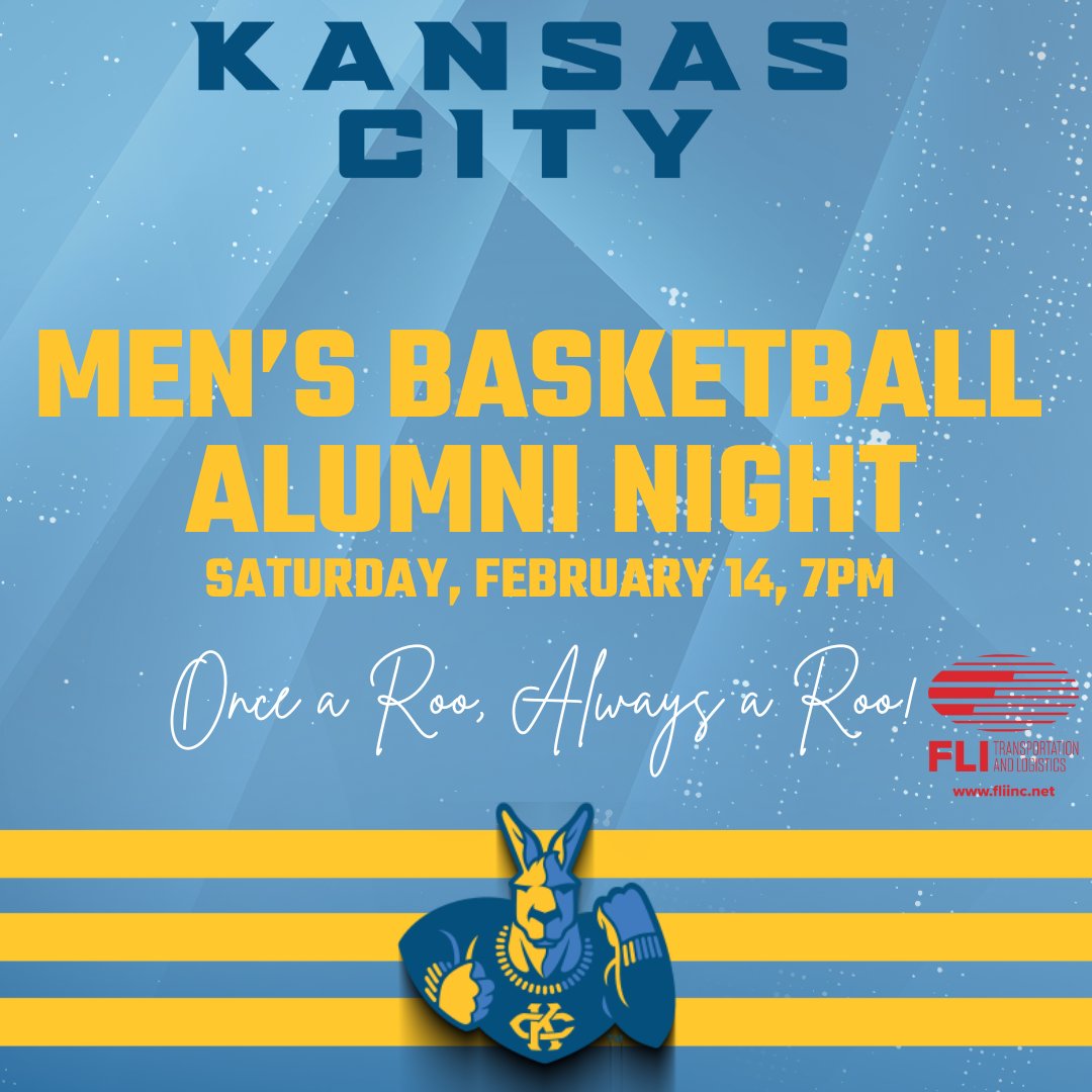 KCRoosMBB's tweet photo. Calling all Roos MBB alumni: MBB Alumni Night is TOMORROW, 2/14!
All former players receive two FREE tickets with VIP hospitality to the game against St. Thomas.

📅 Feb. 14 @ 7pm
🏟️ Swinney Center
TAG A TEAMMATE to ensure they see this!

To RSVP, Email Athletics@umkc.edu with your name & the years you played at KC.