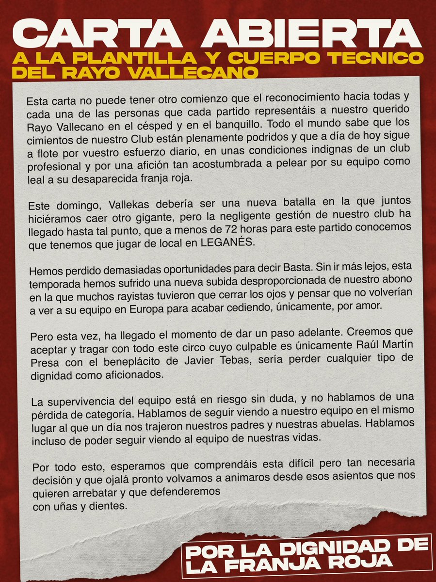 Por defender el futuro del Rayo Vallecano, por no aceptar la deslocalización del Estadio y por luchar por la supervivencia del Club.  

Damos un paso hacia adelante, decimos basta y dejaremos Butarque vacío. 

PRESA INHABILITACIÓN