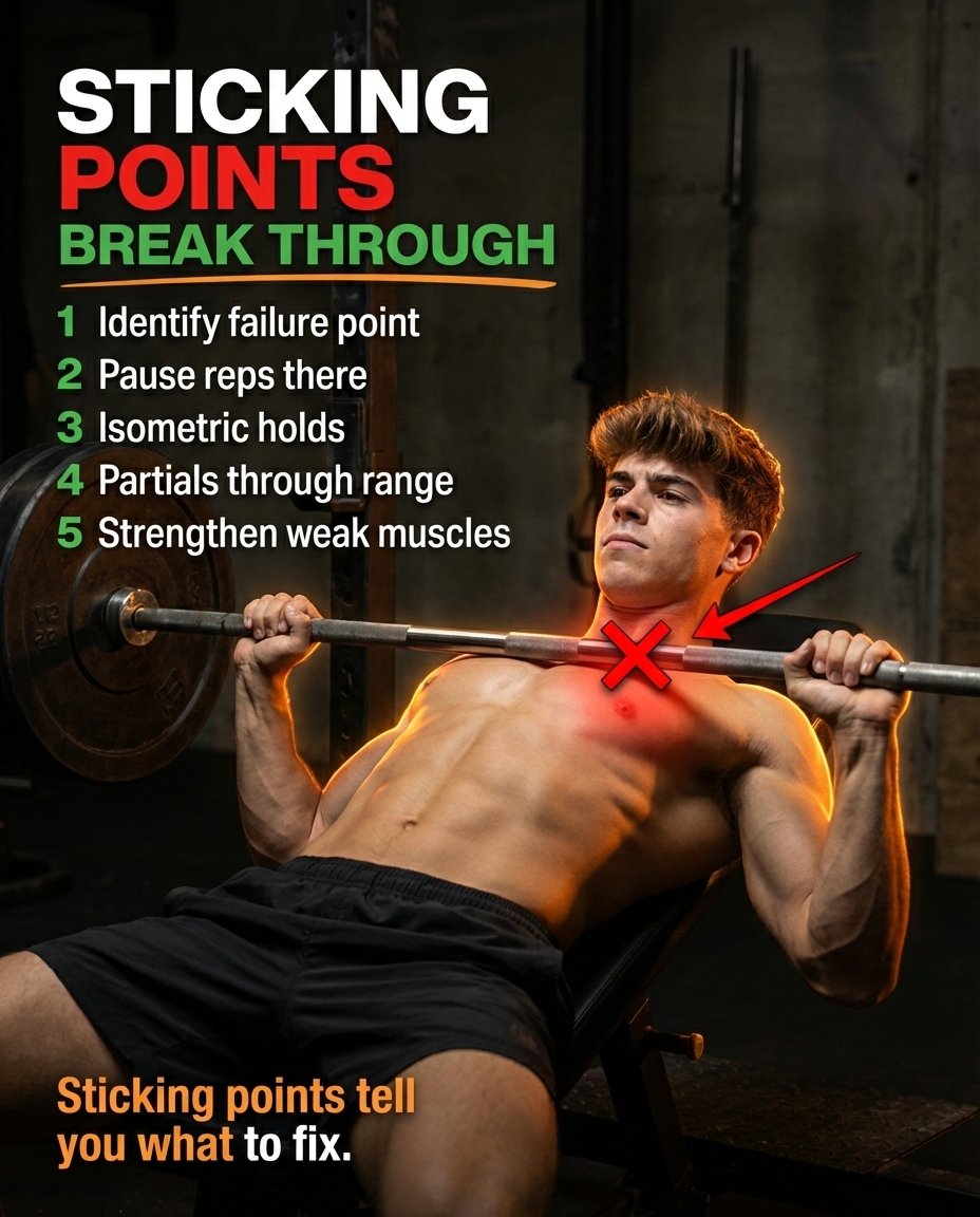FitBeyondHealth's tweet image. Sticking points:
Weakest point in ROM.
Common: 
Bench: midpoint 
Squat: bottom 
Deadlift: off floor 
OHP: forehead level
Fix:
Identify failure point
Pause reps there
Isometric holds
Partials

Strengthen weak muscles
4-6 weeks. Break through.
#StickingPoints #WeakPoints