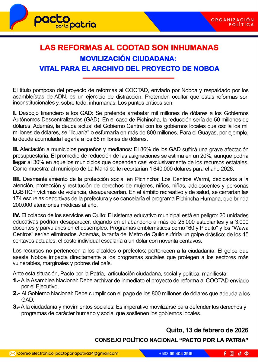 PactoxlaPatria's tweet photo. 💧#ALERTA CIUDADANA
Las reformas al #COOTAD de Noboa son INHUMANAS. Despojo financiero a los #GADs, afectación a municipios y desmantelamiento de protección social
¡No al saqueo! 📢 ¡Únete a la movilización!
Tenemos un #PactoPorLaPatria🤝
 #DefiendeTusDerechos

▶️ @PactoxlaPatria https://t.co/afWVqcOqox