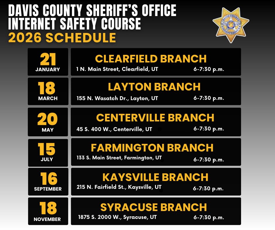 Here is the schedule for the remainder of the year for the Davis County Sheriff's Office Internet Safety courses.  These courses are essential if you have a child that uses the internet and/or has a smartphone.  Help keep them safe with expert advice.
