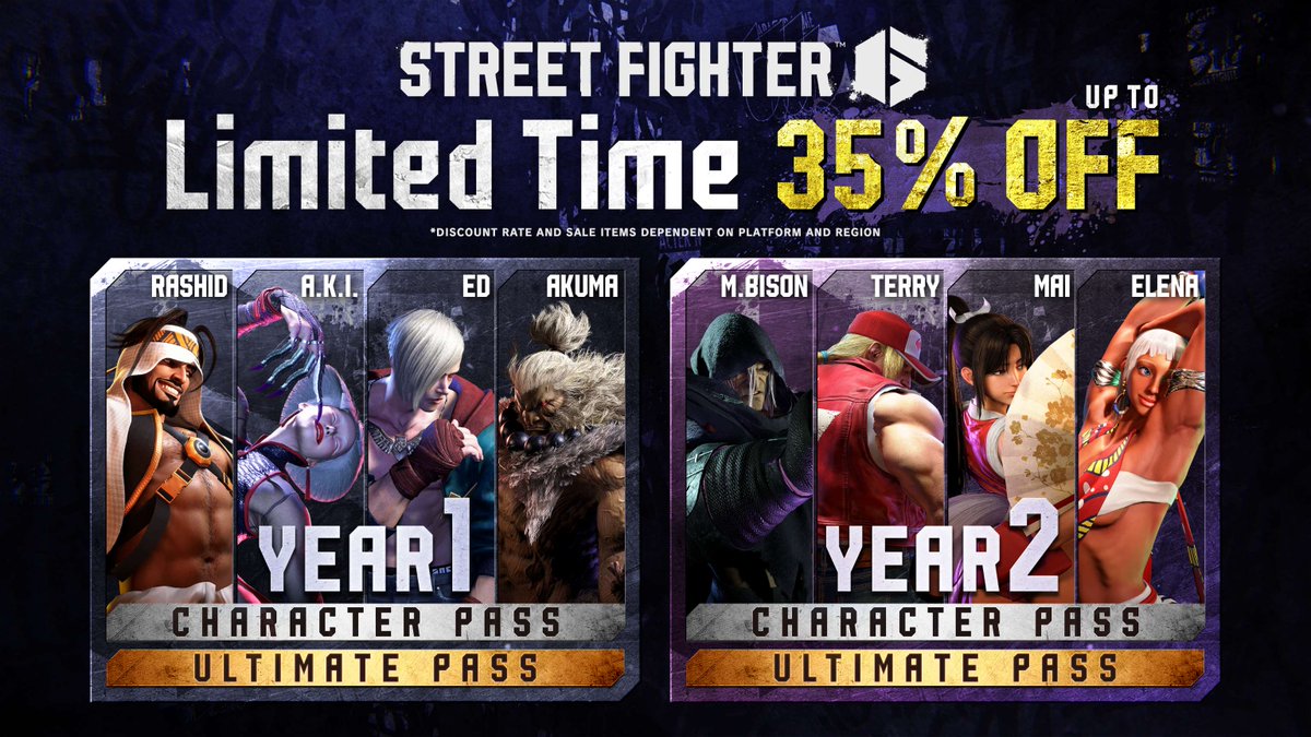 No better time to get into the streets for a fight! Street Fighter 6 is on sale for a limited time!

Standard SF6 - 50% Off All Platforms
Year 1 Character/Ultimate Pass - 35% Off
Year 2 Character/Ultimate Pass - 50% Off