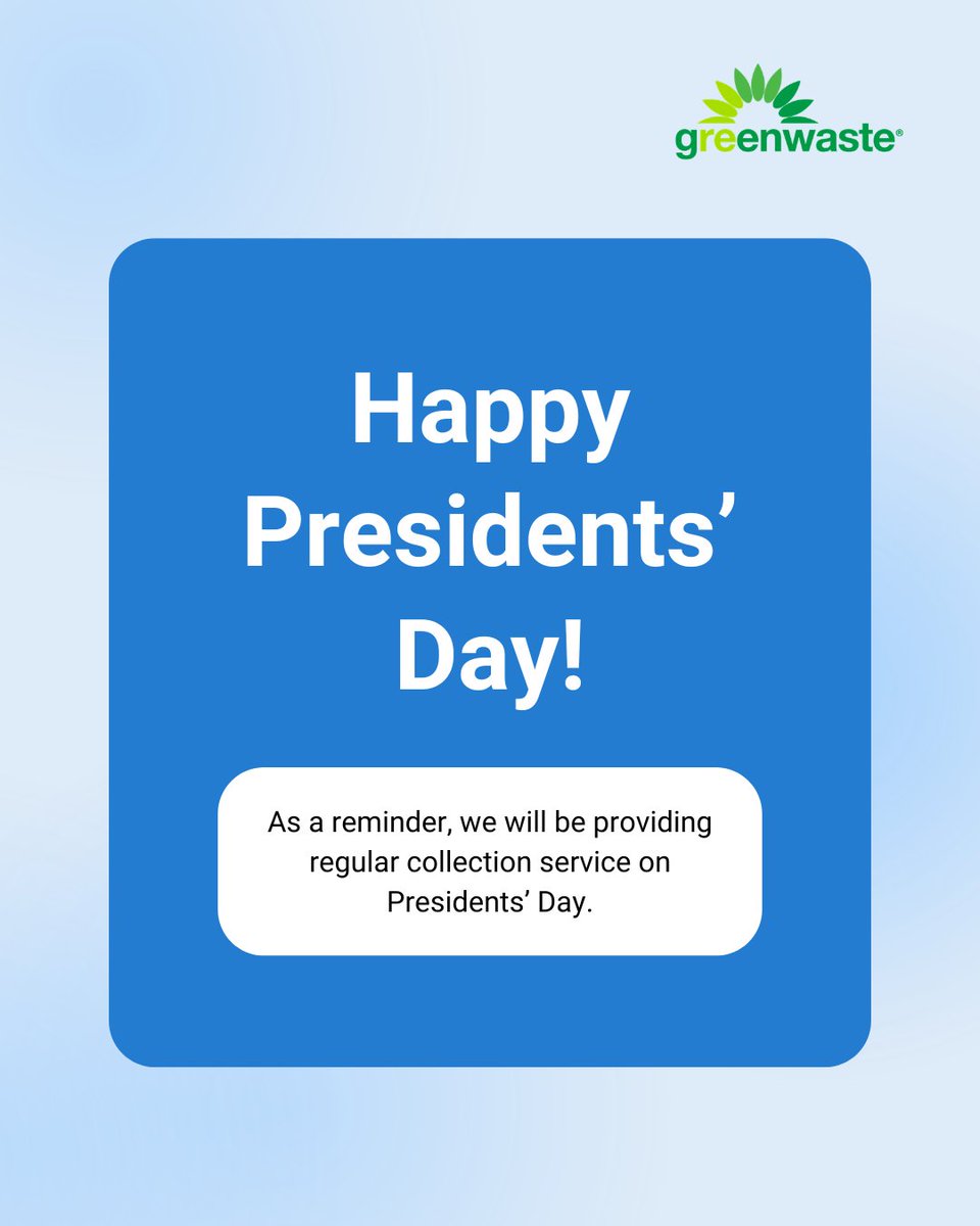 gogwr's tweet image. This Monday is Presidents’ Day! There are no service disruptions this week. Please set out your carts on your regular collection day for service.

#presidentsday #collectionservice #collectionday #garbage #recycle #organics #mixedcompostables #yardtrimmings