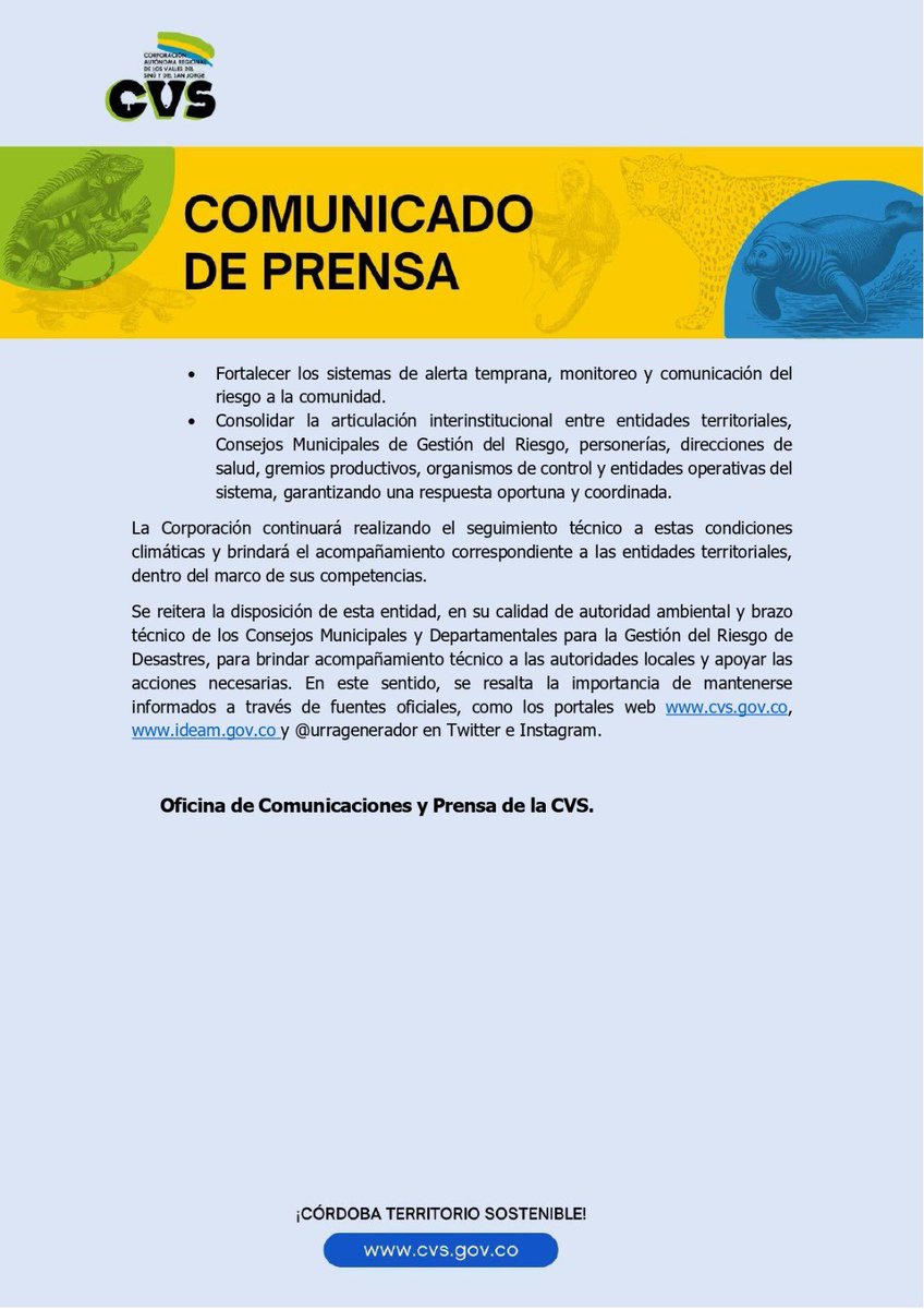 🚨 #CVSInforma Alerta por Recurrencia de Eventos Climáticos: La Corporación CVS exhorta a los municipios de Córdoba a revisar y ajustar instrumentos de ordenamiento territorial e incorporar medidas preventivas. 

Más información 👇🏻