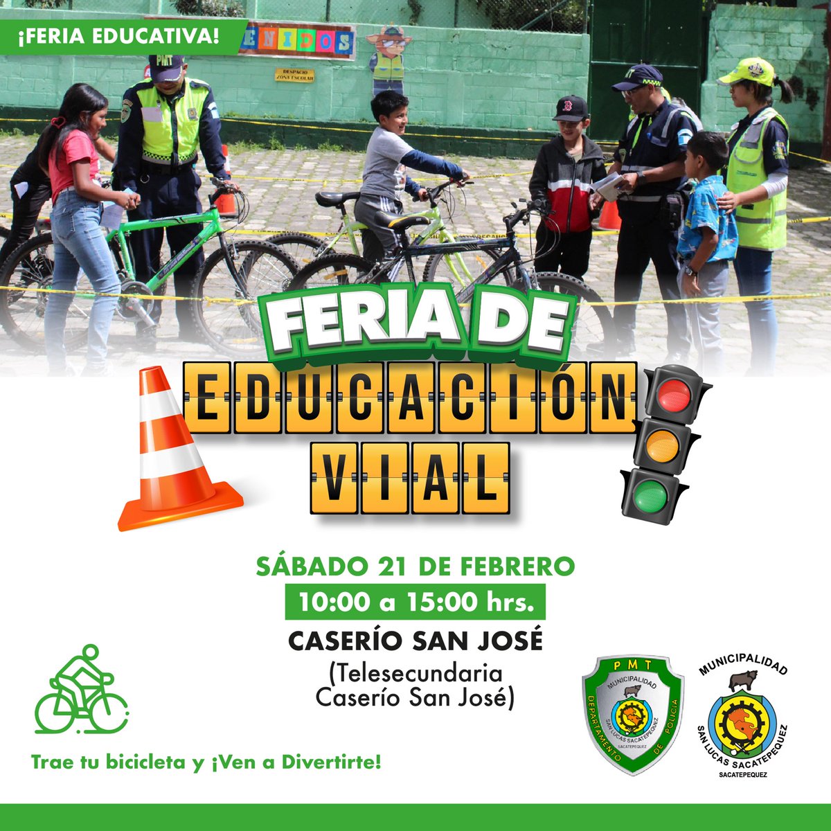 🚦 #JornadaDeEducaciónVial | Realizaremos dinámicas formativas y circuitos prácticos orientados a niñas, niños y jóvenes, fomentando el respeto a las normas de tránsito y la seguridad vial.

📅 Sábado 21 de febrero | ⏰ 10:00 a 15:00 horas | 📍 Telesecundaria Caserío San José