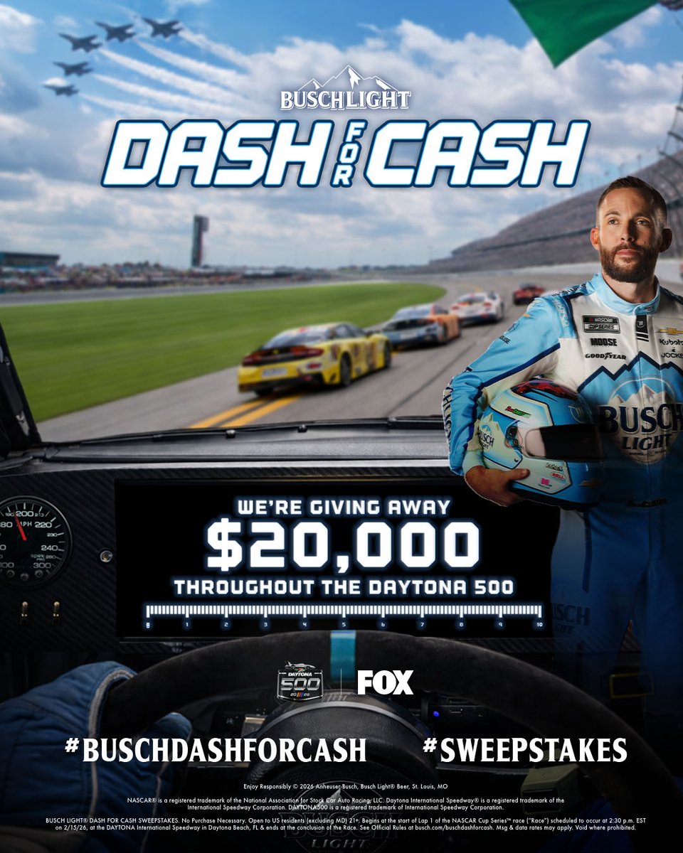 WE'RE GIVING AWAY $20K IN PRIZE $ DURING THE #DAYTONA500

Enter for a chance to win by replying with #BuschDashForCash #Sweepstakes during every lap that ends in 1 &amp; you could win the $10K GRAND PRIZE!

Turn on your notifications &amp; tune into <a href="/NASCARONFOX/">FOX: NASCAR</a> during the race!