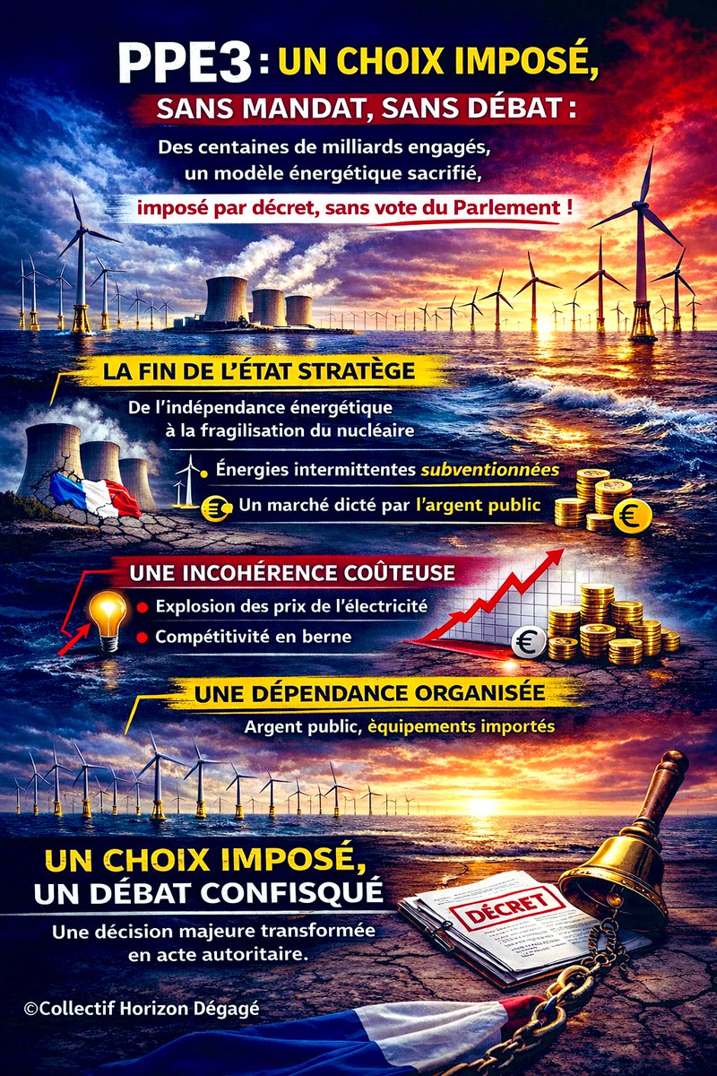 🚨 PPE3 : LE CHOIX IMPOSÉ, SANS MANDAT, SANS DÉBAT 🚨

La PPE3 n’est pas un simple document technique. Elle engage des centaines de milliards d’euros, redéfinit notre modèle énergétique et conditionne l’avenir industriel du pays. Pourtant, elle est imposée par décret, sans