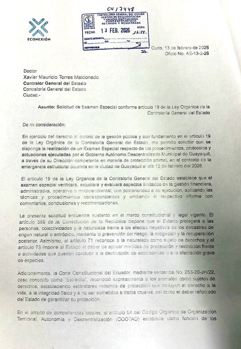 Después de analizar lo acontecido en la ciudad de Guayaquil con el incendio en #Multicomercio y la actuación de <a href="/Proanimal_gye/">ProAnimal_gye</a> de <a href="/alcaldiagye/">Muy Ilustre Municipalidad de Guayaquil</a>, hemos solicitado a <a href="/ContraloriaECU/">Contraloría Ecuador</a>  un examen especial sobre estos procedimientos

CC @defensoriaec