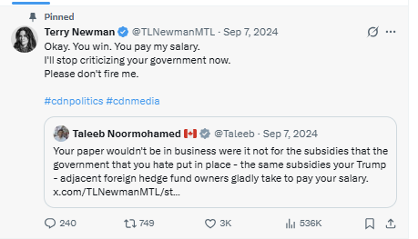 <a href="/hollyanndoan/">Holly Doan</a> <a href="/MarcMillerVM/">Marc Miller ᐅᑭᒫᐃᐧᐅᓃᐸᐄᐧᐤᐃᔨᐣ Mikotsikaa</a> <a href="/mindingottawa/">Blacklock's Reporter</a> <a href="/sunlorrie/">Lorrie Goldstein</a> <a href="/TerryGlavin/">Terry Glavin 格立文</a> <a href="/scoopercooper/">Sam Cooper</a> <a href="/StateofTLV/">State of Tel Aviv</a> <a href="/bobmackin/">Bob Mackin</a> <a href="/WSOnlineNews/">Western Standard</a> <a href="/junonewscom/">Juno News</a> <a href="/RebelNewsOnline/">Rebel News</a> This is what happens when I criticize Marc Miller. Need I say more? :)