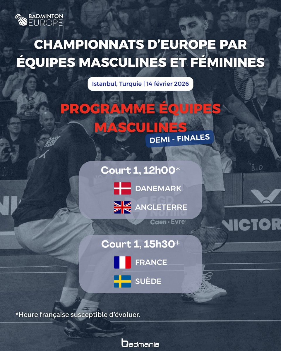 Une rencontre pour se rapprocher un peu plus du titre de champions européens par équipes masculines 💪

🎥 Compétition à suivre en direct sur Badminton Europe TV 👉 badmintoneurope.tv/en-int/page/ho…

#ffbad #badmania #badmintoneurope #TeamFrance #badminton #EMWTC26