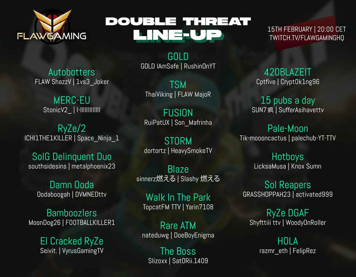 🚨 DOUBLE THREAT LINEUP IS LIVE 🚨

DUOS | 4 Matches
Cash every game. Kills matter.

💰 $50 per match (1st Place)
🎯 $50 Top Fragger (total kills)

This lobby is stacked 😈