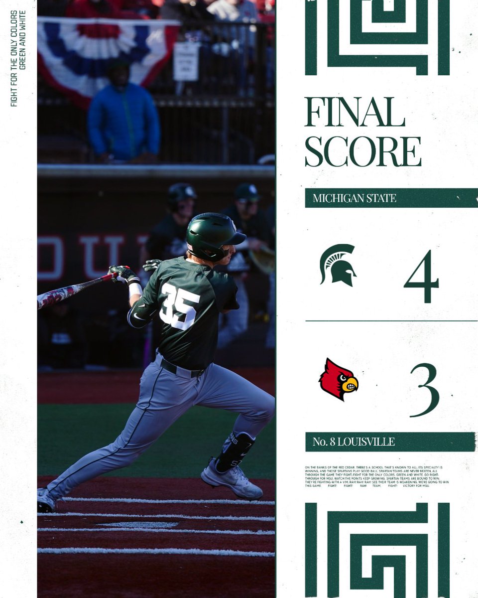 VICTORY FOR MSU!!!!

Michigan State 4, No. 8 Louisville 3

High fives &amp; handshakes alllllll around!!!

--MSU's 1st win over Louisville since 1993!!
--MSU's 2nd win over Top-10 team in as many seasons after upsetting No. 6 Oregon last year!!
--Seymour HR, 3 RBI

#VictoryForMSU