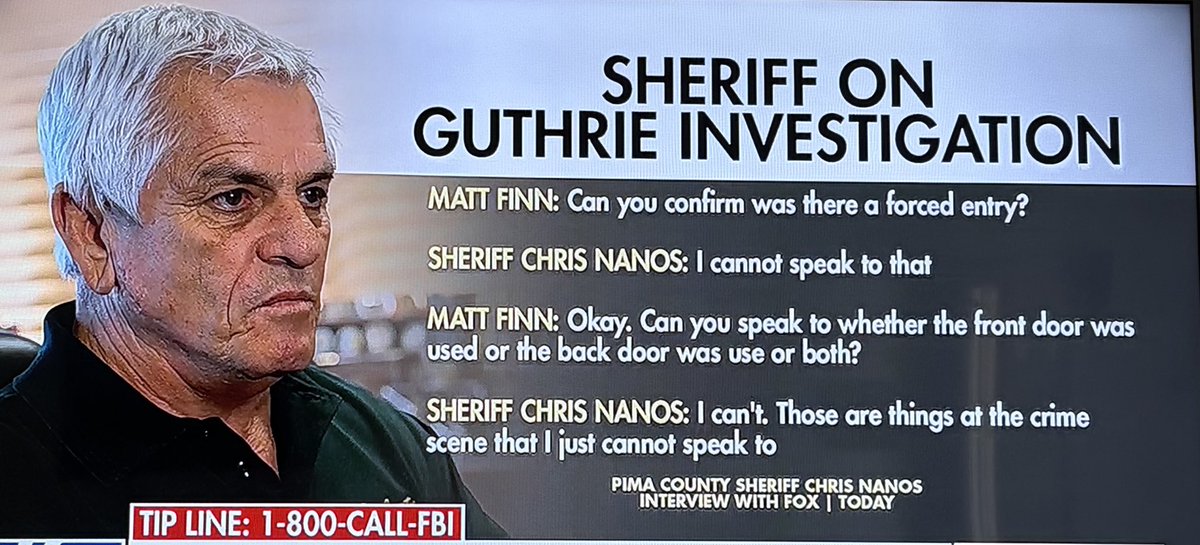 There is ZERO reason Chris Nanos cannot say how the suspect entered Nancy Guthrie home. 

He says "I cannot speak to that" Why? 

It tells me that maybe Guthrie's door was unlocked or sabotaged. 

Hinting toward an inside job. Furthering the speculation that Sheriff Nanos has