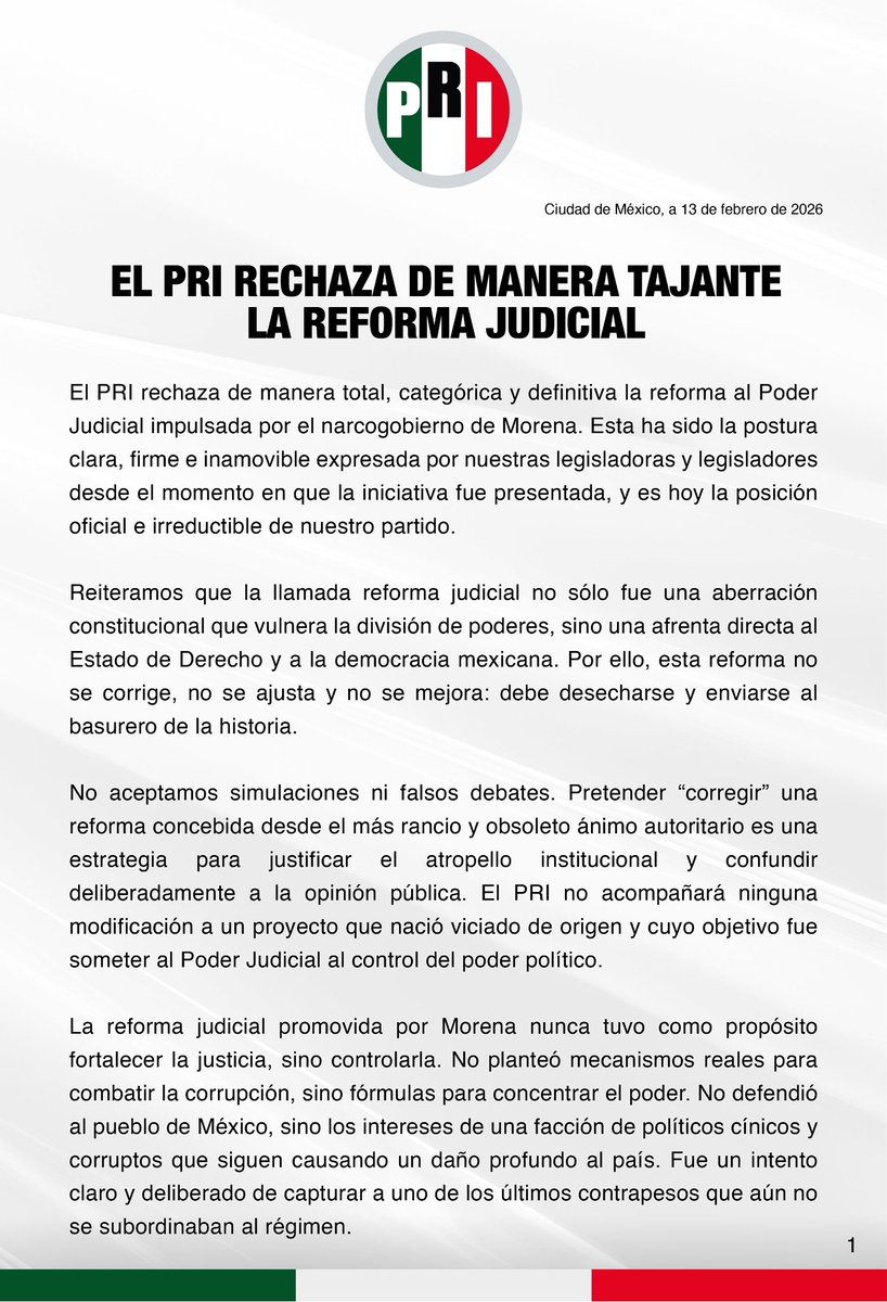 PRI_Nacional's tweet photo. El PRI rechaza de manera total, categórica y definitiva la reforma al Poder Judicial impulsada por el narcogobierno de Morena. https://t.co/g8sfgAqShX